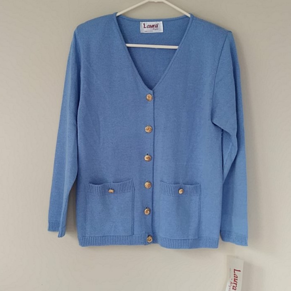NWT Vtg. Laura Knit Collection by Alyzia USA Cardigan Sweater 12 Blue